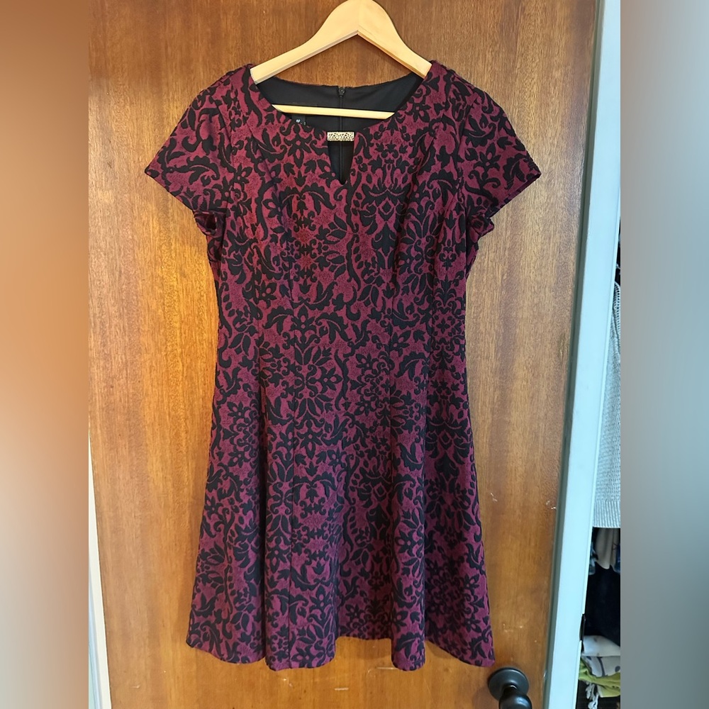 Women’s Burgundy and Black Jacquard Fit-and-Flare Dress